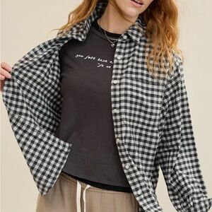 Aerie Anytime Fave Flannel Black and White Checkered Button-Up Shirt